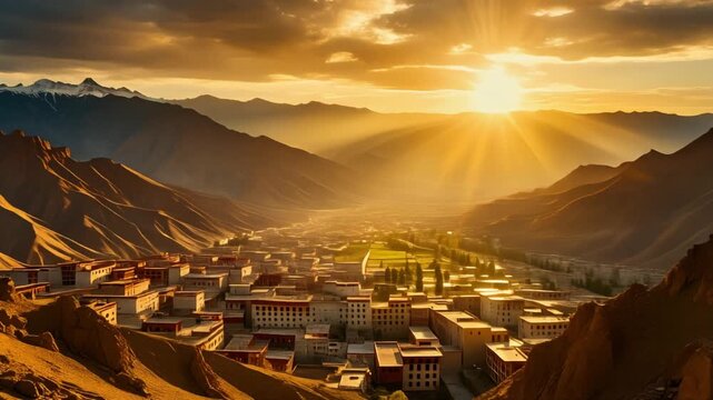 Lhasa tibet sunrise over the mountain valley city