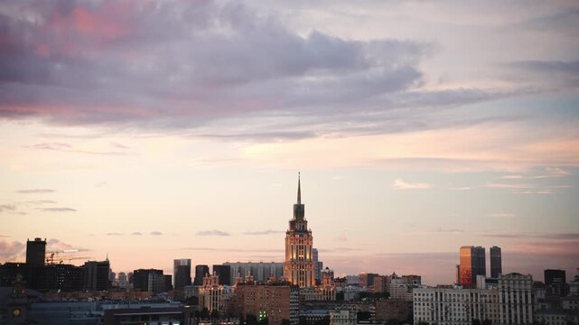 Moscow cityscape with stalinist skyscraper at sunset
