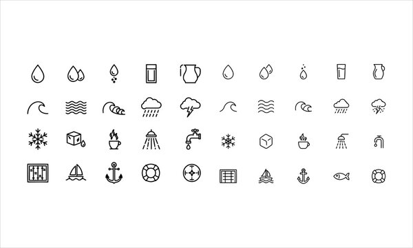 Set outline icons related to water. Linear icon collection. Editable stroke. Vector illustration