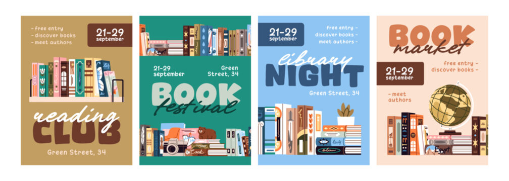 Book festival poster designs set. Advertising of literary events in library and bookstore. Promotion of reading club, sale in bookstore with bookshelves on template. Layouts with books piles on shelf