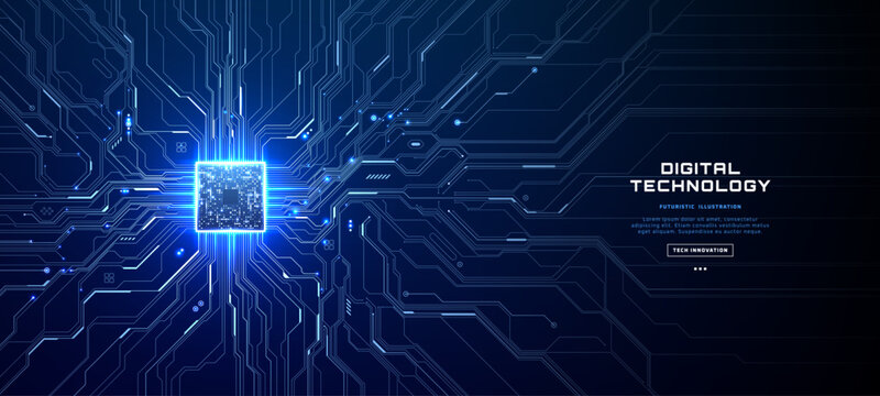 Blue digital wave background with flowing data streams and abstract light patterns, perfect tech template featuring modern AI network visualization with right-side copy space.