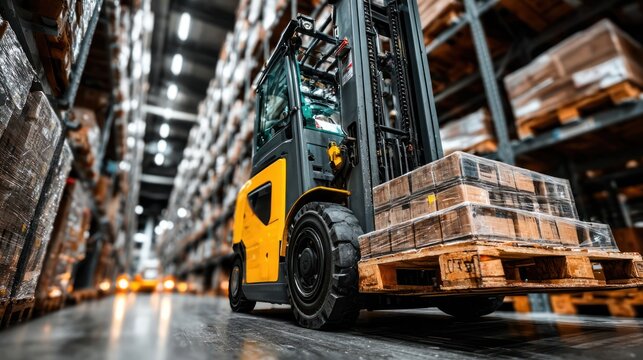 Forklift in a warehouse moving pallets of goods for storage and distribution.