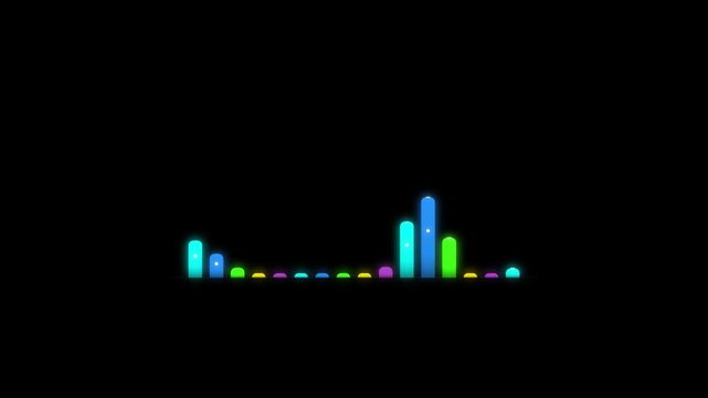 A dynamic neon audio equalizer visualizer loop with glowing colorful bars bouncing to the rhythm against a black background.