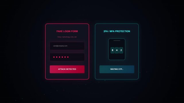Split screen animation showing a fake phishing login form attack blocked by multi factor authentication 2FA with OTP code verification. Ideal for cybersecurity and data privacy training.