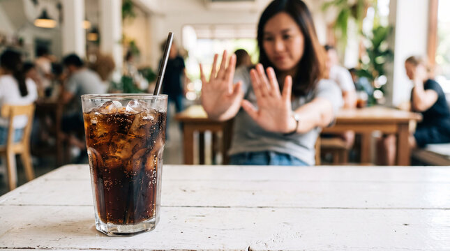 Close up of a young woman making a stop gesture to refuse a glass of cola or soft drink.