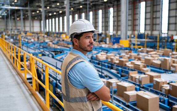 Thoughtful Worker In Safety Gear Looking Out Over Conveyor Belts Of Boxes In Factory