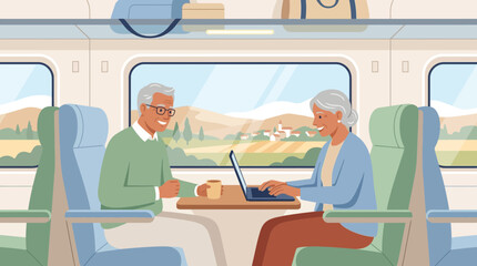 Obraz premium Elderly Couple on Train Using Laptop and Drinking Coffee