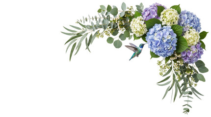 Fototapeta premium Beautiful arrangement of hydrangeas and greenery with hummingbird in flight, isolated on transparent background