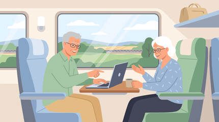 Obraz premium Elderly Couple Using Laptop on Train Journey with Scenic View