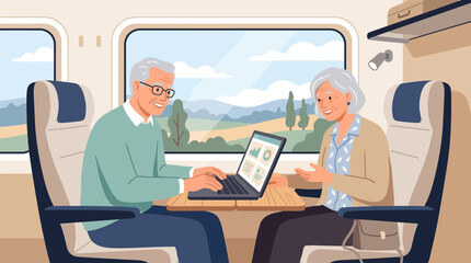 Fototapeta premium Elderly Couple Using Laptop on Train