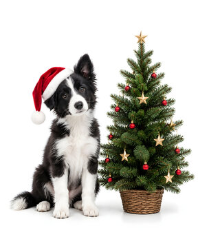 Border collie puppy wearing santa hat sitting beside decorated mini christmas tree isolated on white background for smartphone wallpaper design
