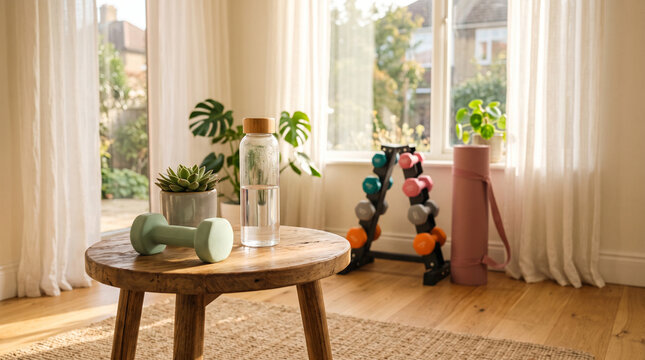 Home gym setup with dumbbell water bottle and yoga mat
