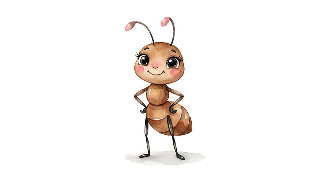 Cute watercolor ant character illustration standing isolated on white background