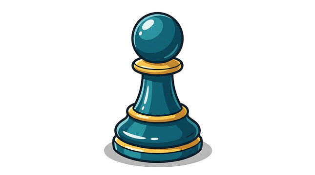 Cartoon Blue Chess Pawn Piece with Golden Accents Isolated on White Background for Strategy Game