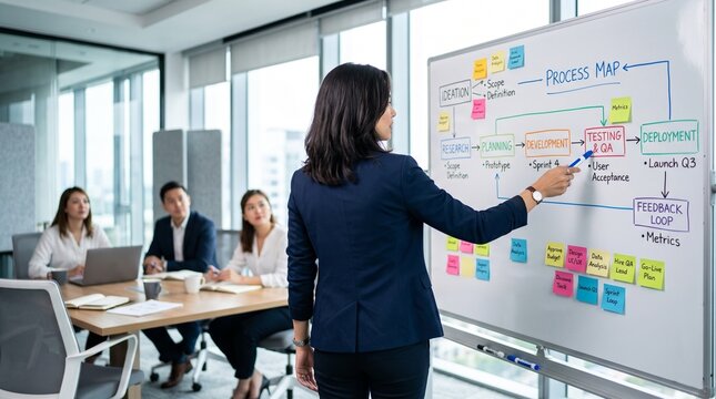 Businesswoman Presenting Workflow Process Map to Team in Office