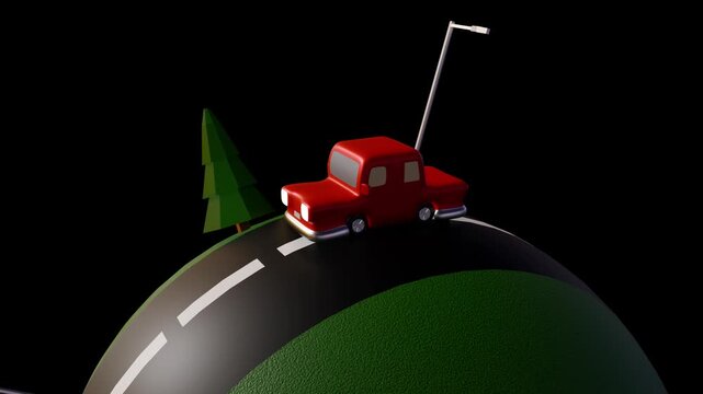 A 3d stylized red cartoon car drives continuously along a curving road wrapping around a tiny rotating green planet against a solid black background.