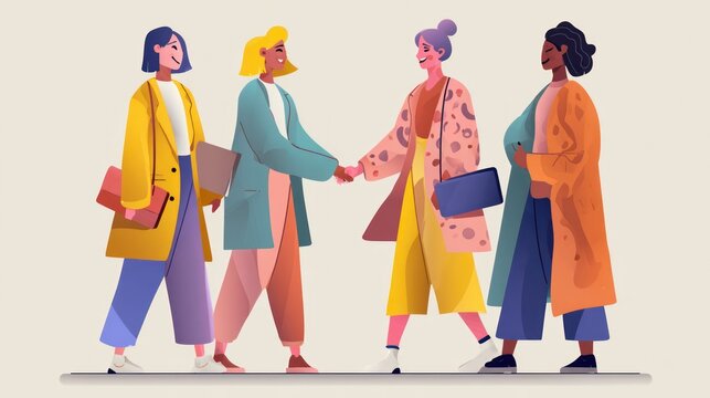 Diverse Businesswomen Shaking Hands in Modern Office Setting with Colorful Outfits