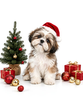 Cute shih tzu puppy wearing santa hat sitting next to mini christmas tree with red present boxes isolated on white background for mobile wallpaper