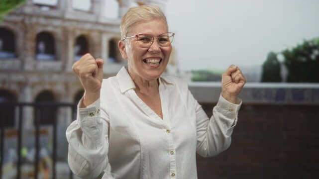 Woman smiling and raising clenched fists on a sunlit coliseum building terrace in rome during daytime; joyful travel memory.