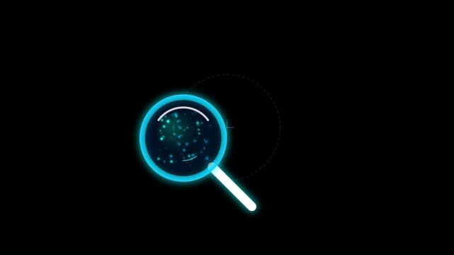 A glowing blue magnifying glass moves across a dark background, scanning and analyzing glowing microscopic particles within a circular interface.