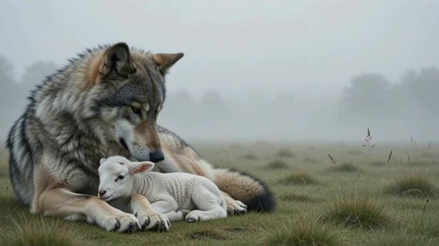 Cinematic Video of a Large Wolf Protecting a Small Innocent Lamb in a Misty Grassy Meadow Field Concept of Peace