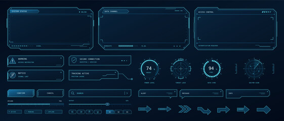 Plakat Futuristic vector HUD interface elements display panels gauges buttons and navigation arrows on a dark background