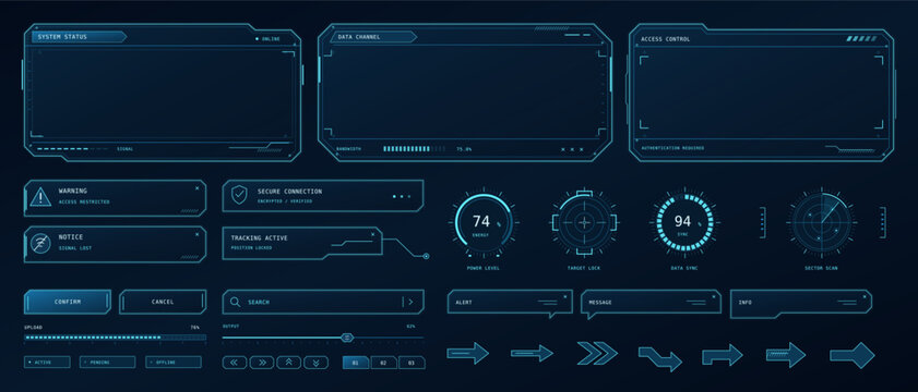 Futuristic vector HUD interface elements display panels gauges buttons and navigation arrows on a dark background
