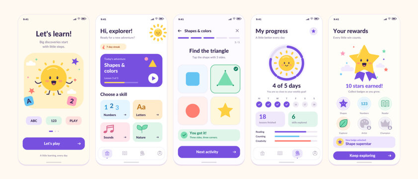 Vector illustration showing colorful educational app screens for children learning shapes colors and skills