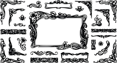 Ornamental art nouveau vector border set featuring intricate floral flourishes and vintage decorative frames in classic black and white style © Arun