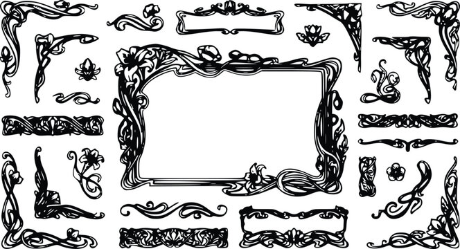 Ornamental art nouveau vector border set featuring intricate floral flourishes and vintage decorative frames in classic black and white style