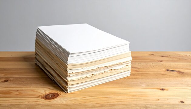 Thick stack of blank paper on light wood surface.