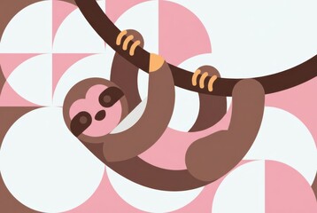 Fototapeta premium Playful sloth hanging on branch in flat pink pattern