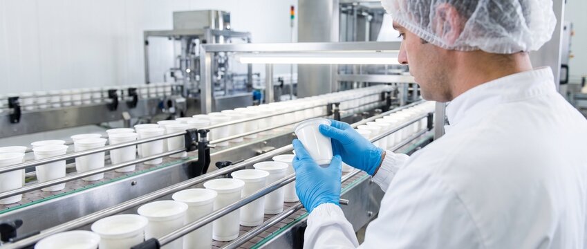 Control de calidad en la industria alimentaria: inspector revisando un envase en la l&iacute;nea de producci&oacute;n de una f&aacute;brica de l&aacute;cteos