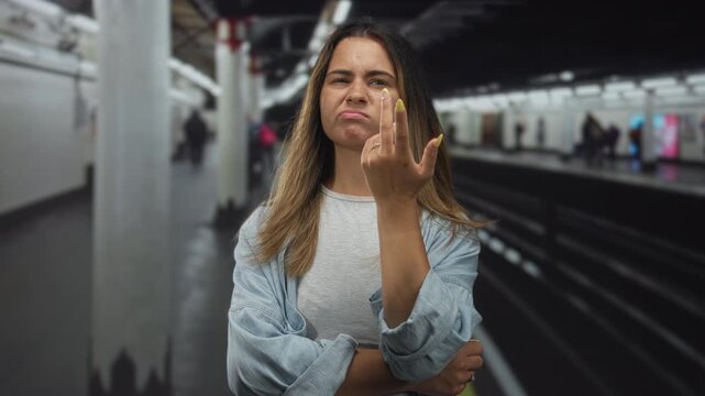 Teenage woman touching cheek and showing middle finger on a subway train platform inside a station building; urban defiance.