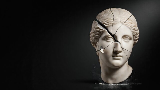 Broken marble statue head of a Greek goddess, cracked antique plaster bust on dark background, concept of mental health and trauma