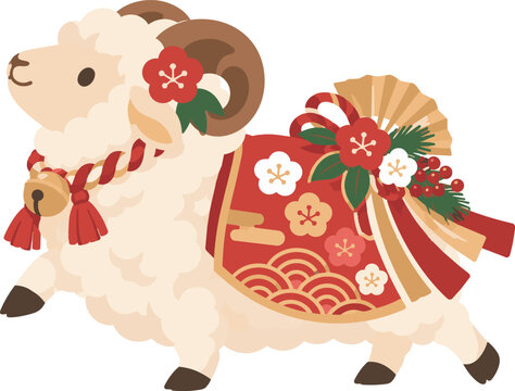 おめかし羊横向き・年賀状イラストセット