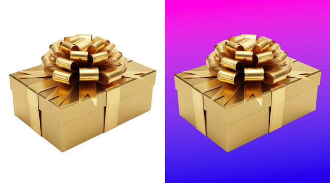 Golden gift box with decorative bow 3D rendering