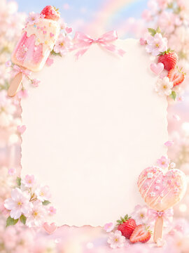 Strawberry popsicle frame with cherry blossoms, pink ribbon bow, and pastel rainbow bokeh background with copy space