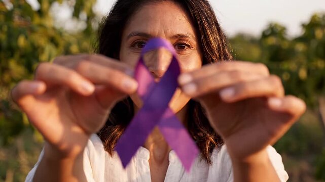 Woman Holding Purple Awareness Ribbon - A woman holds a purple awareness ribbon in front of her face, with her hands in focus and the background softly blurred.