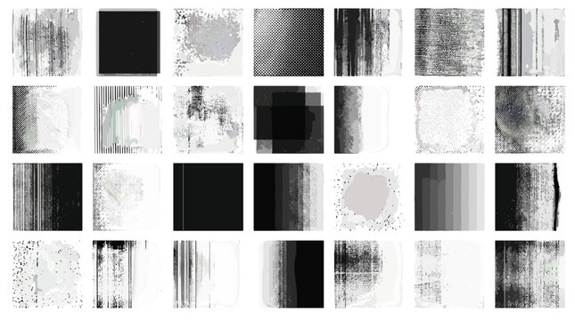 Abstract black and white textured squares and rectangles on a grid pattern