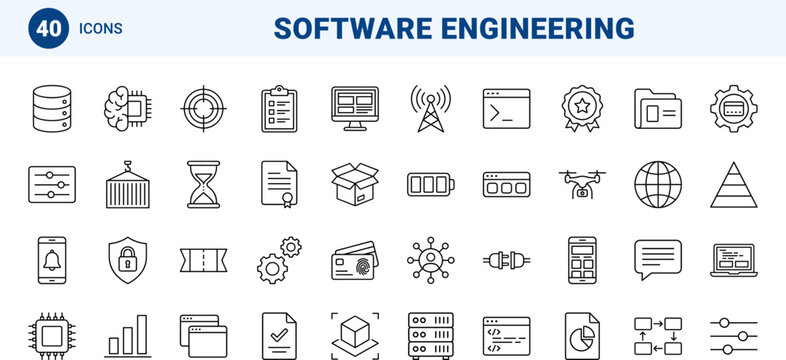 Software Development line icon set. Vector pictograms of programming, database, cloud, and security elements, thin linear illustration.