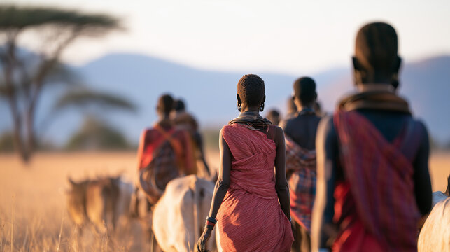 Group of Indigenous People Walking With Their Cattle Through the Vast Savanna Landscape of the Remote Ommo Valley During the Golden Sunset Hours