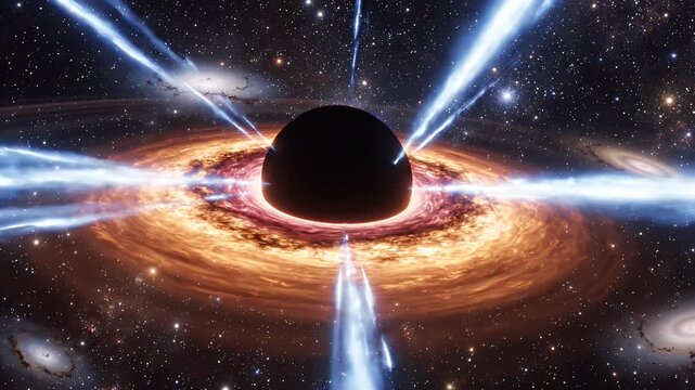 Black Hole Accretion Disk With Jets - A dramatic depiction of a black hole in deep space, surrounded by a swirling accretion disk of glowing matter.