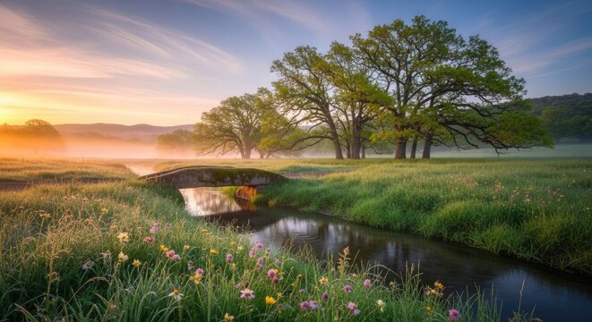 Picturesque countryside landscape with stone bridge at sunrise.