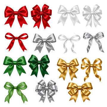 Decorative Satin Ribbon Bows Collection in Red, White, Silver, Green and Gold