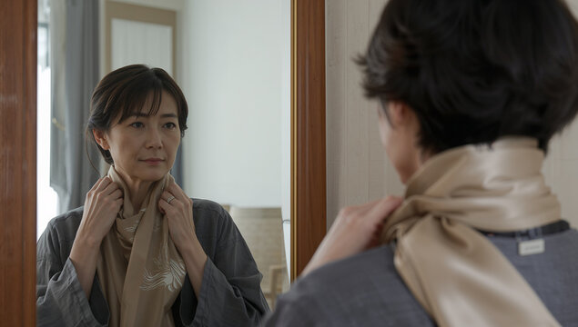鏡の前でベージュのスカーフを整える女性