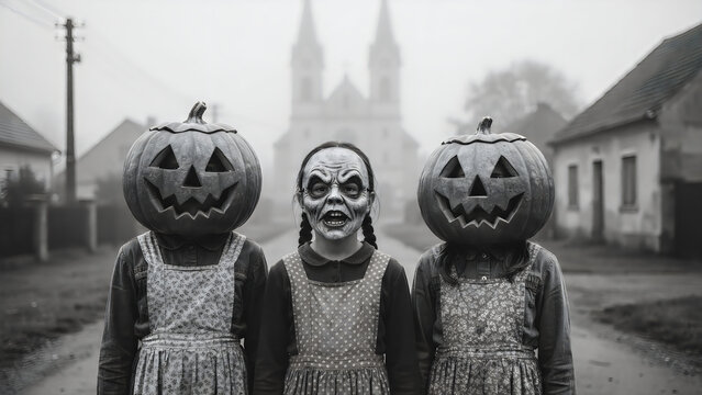 Three children in scary masks standing on a foggy village street in front of a church with children wearing creepy masks vintage dresses