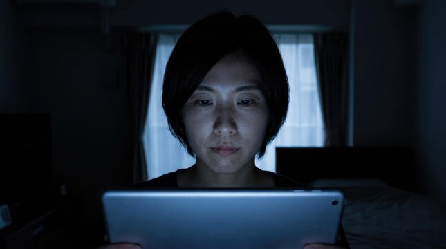 Asian woman using tablet in dark bedroom at night