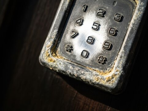 Weathered keypad lock with rusty metal and moody security detail