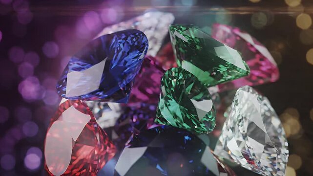 Colorful Gemstones Shimmering In Abstract Light - A close-up view of a pile of colorful, faceted gemstones including diamonds, emeralds, rubies, and sapphires.